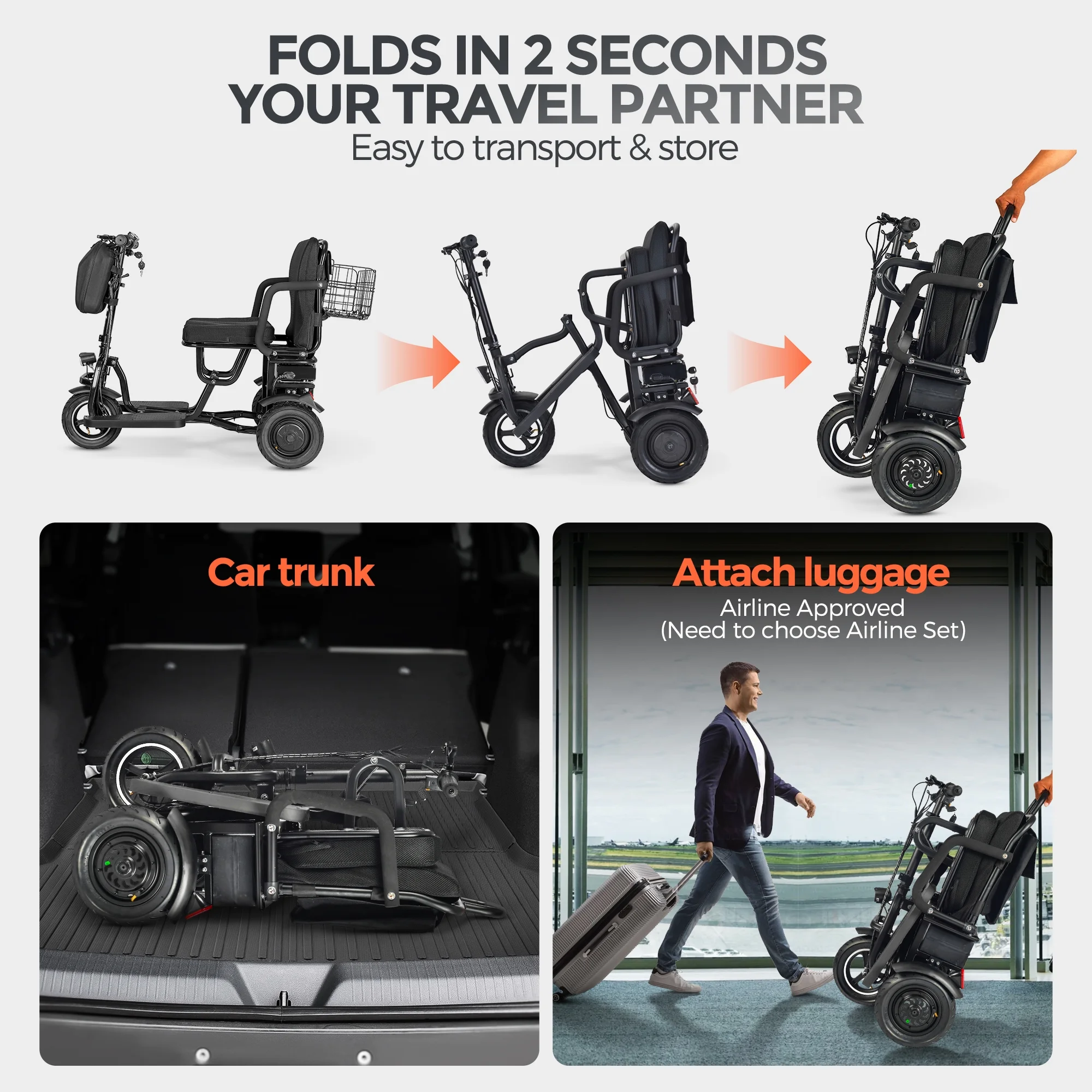 3-Wheel Folding Mobility Scooter Lightweight for Seniors Adults 300 lbs, Portable Powered Handicap All Terrain Travel Scooter, Mobility Scooters Foldable Collapsible Electric Scooters Black(Black) - Image 4