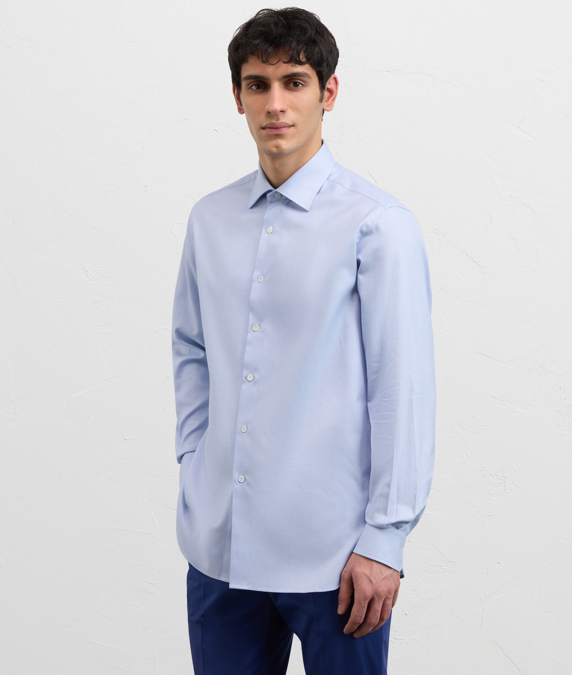 LIGHT BLUE COTTON JACQUARD SHIRT WITH MILANO COLLAR AND STANDARD CUFF