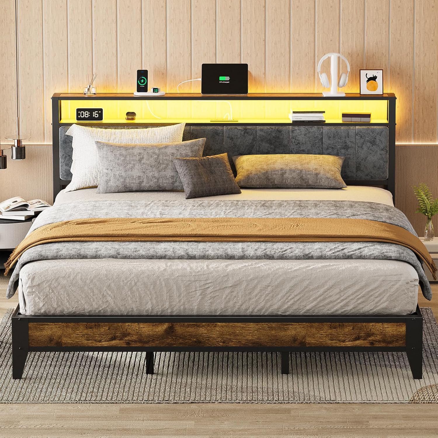 OLEVS Cadre de lit simple avec éclairage LED, tête de lit de rangement et station de recharge, lit plateforme en métal