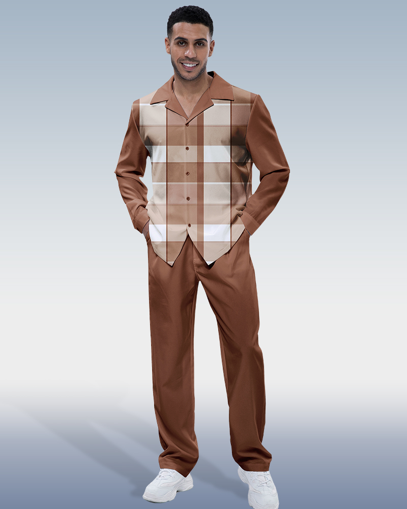 Ensemble de marche chemise à carreaux marron à manches longues