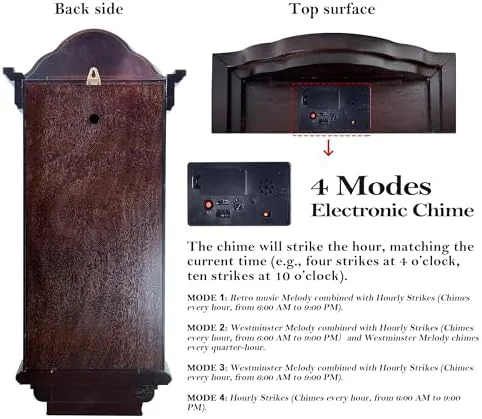? 26IN Grandfather Vintage Wall Clock with Pendulum and Chime, Hour/Quarter-Hour Chime, Elmwood Frame, Large Vintage Wall Clock for Living Room,Home Decor Gift(Walnut) - Image 5