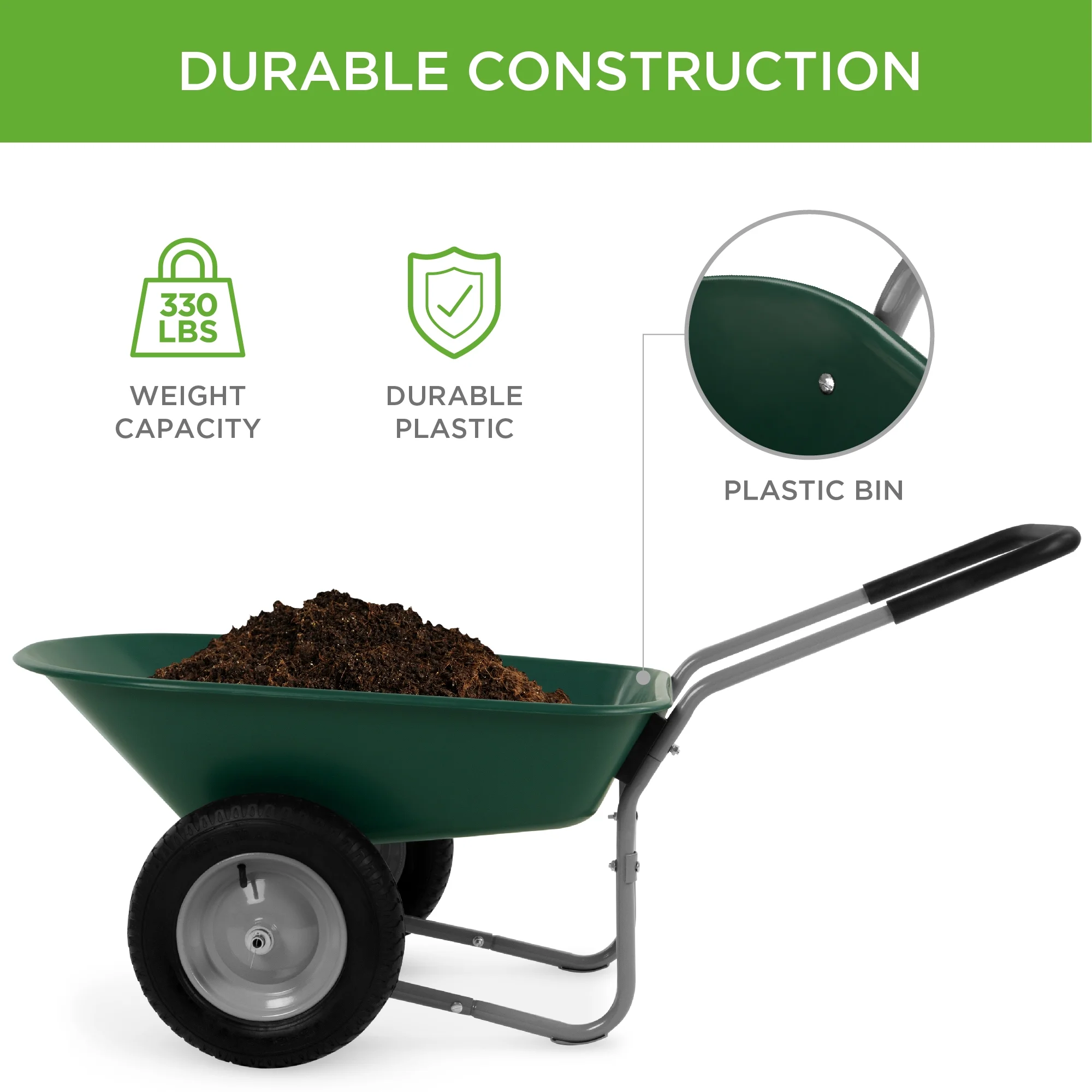 Dual-Wheel Home Wheelbarrow Yard Garden Cart for Lawn, Construction Green(Green) - Image 6