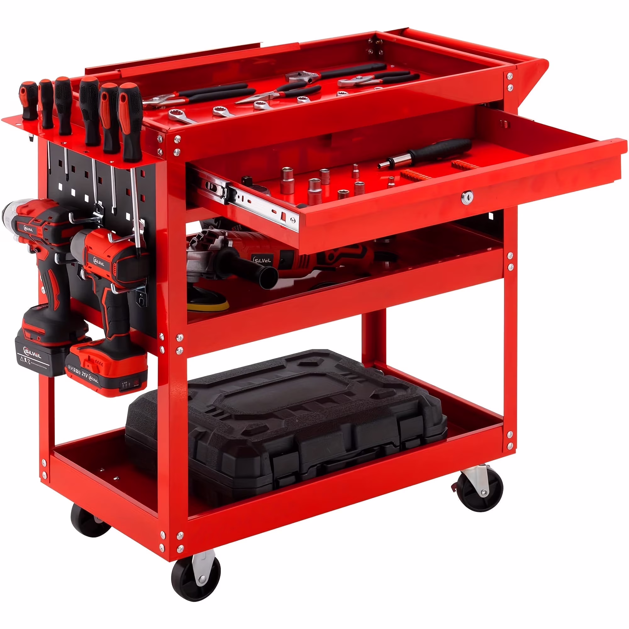 3-Tier Metal Rolling Tool Cart, Lockable Drawer, 330 lbs Capacity, Heavy Duty Utility Cart for Garage Black