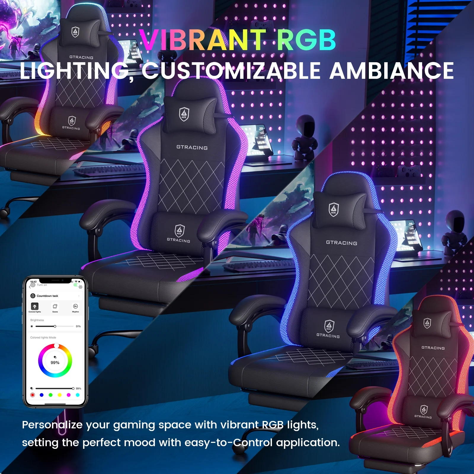 RGB Ergonomic Gaming Chair with Massage, LED Lights, Footrest, Lumbar Support and Backrest, Black - Image 4