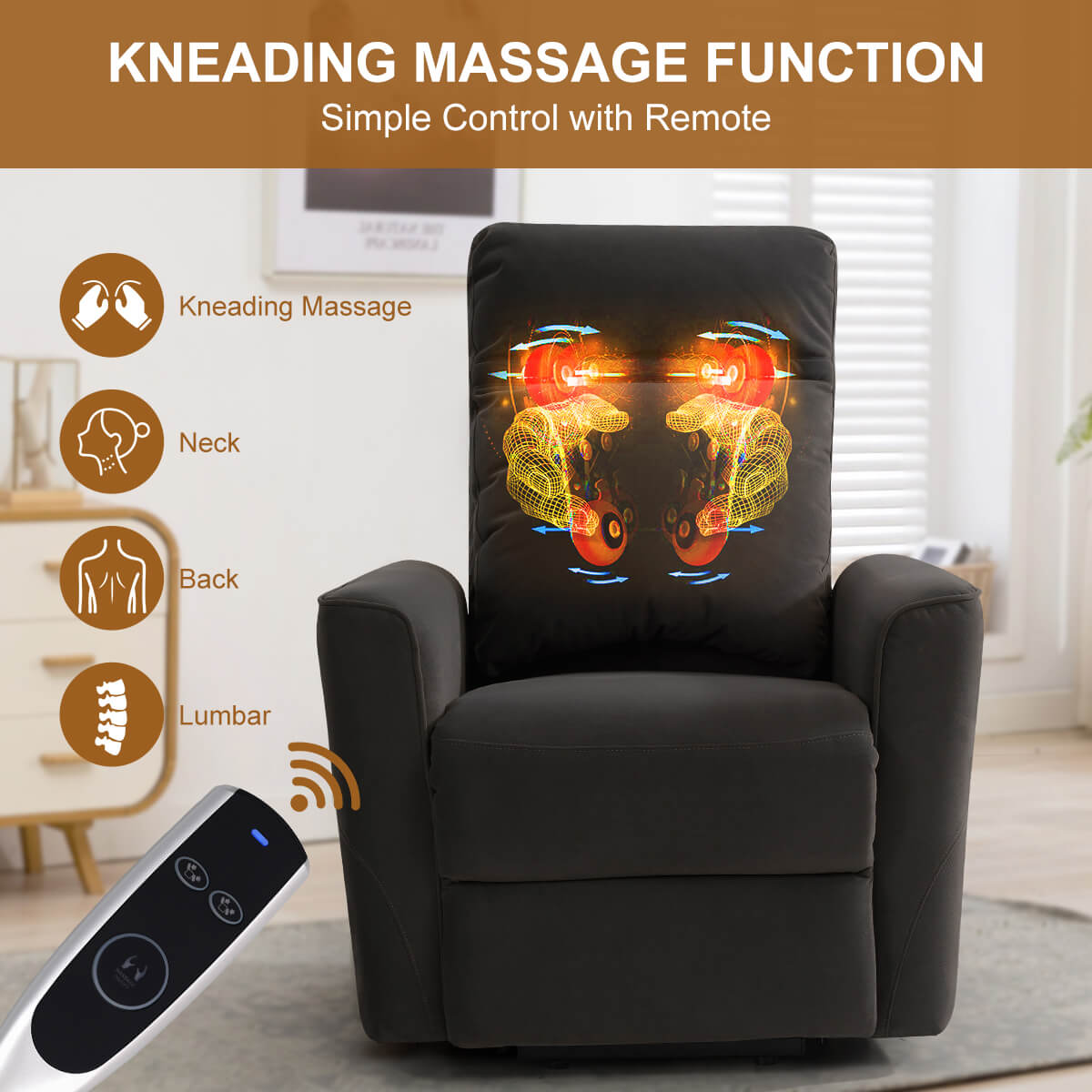 Fauteuil releveur électrique avec massage par pétrissage, en tissu