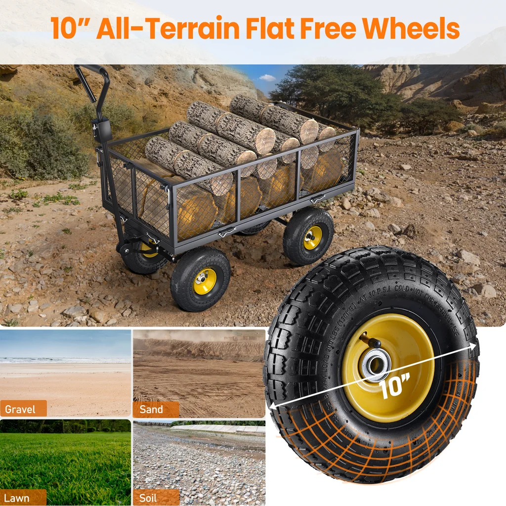 VECUKTY Heavy Duty Steel Dump Garden Cart with Liner, 900lbs Wagon 3 Cu ft 10 Wheel, Black