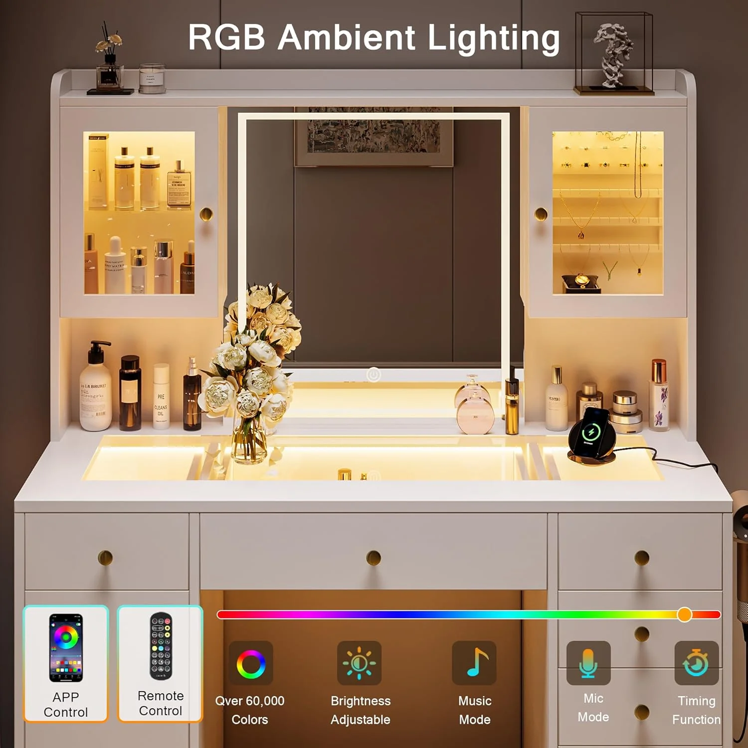 Vanity Desk with Mirror and Lights, Glass Top Makeup Vanity with RGB Light and Charging Station for Girls, White - Image 5