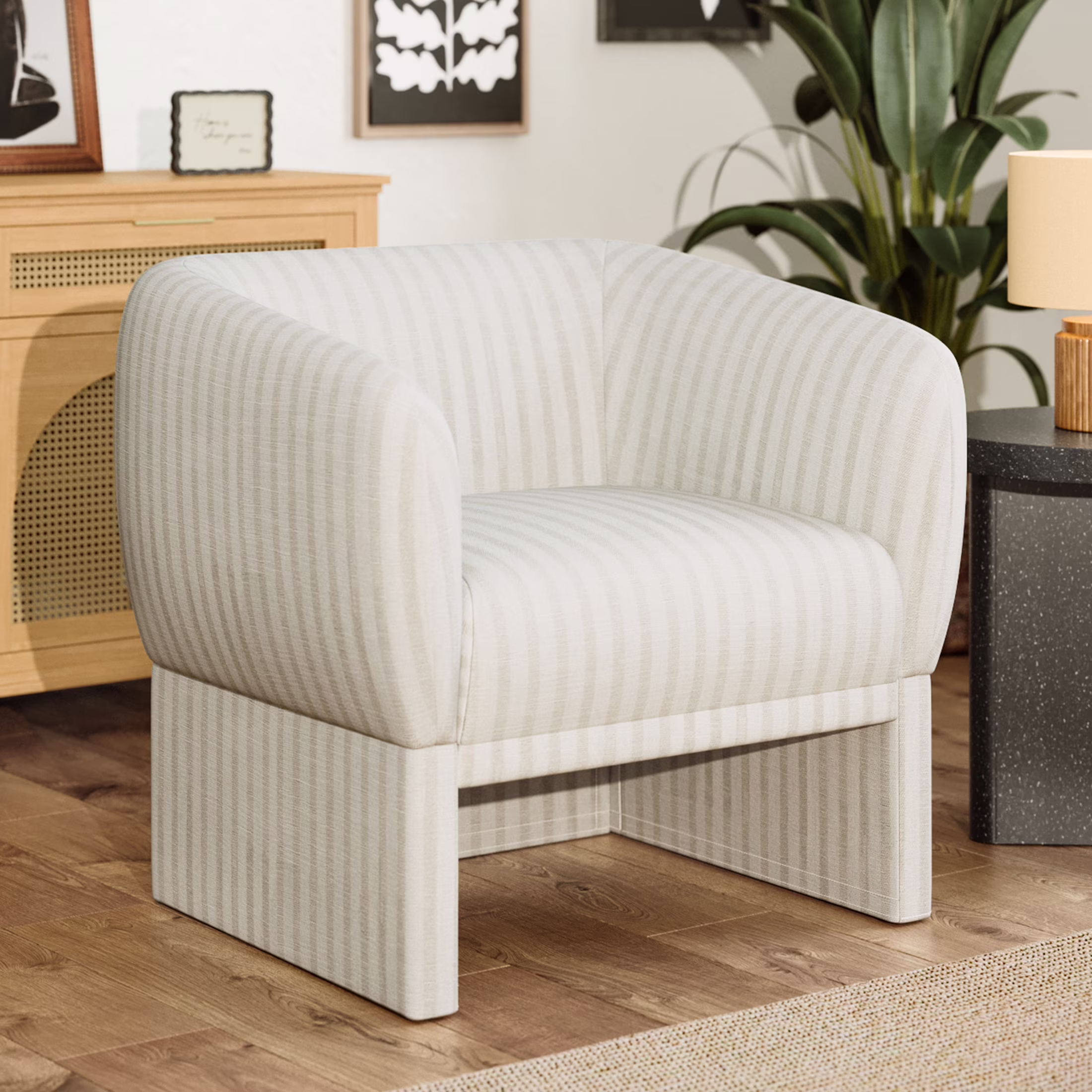 Beautiful Small Space Accent Chair, Beige and White Linen