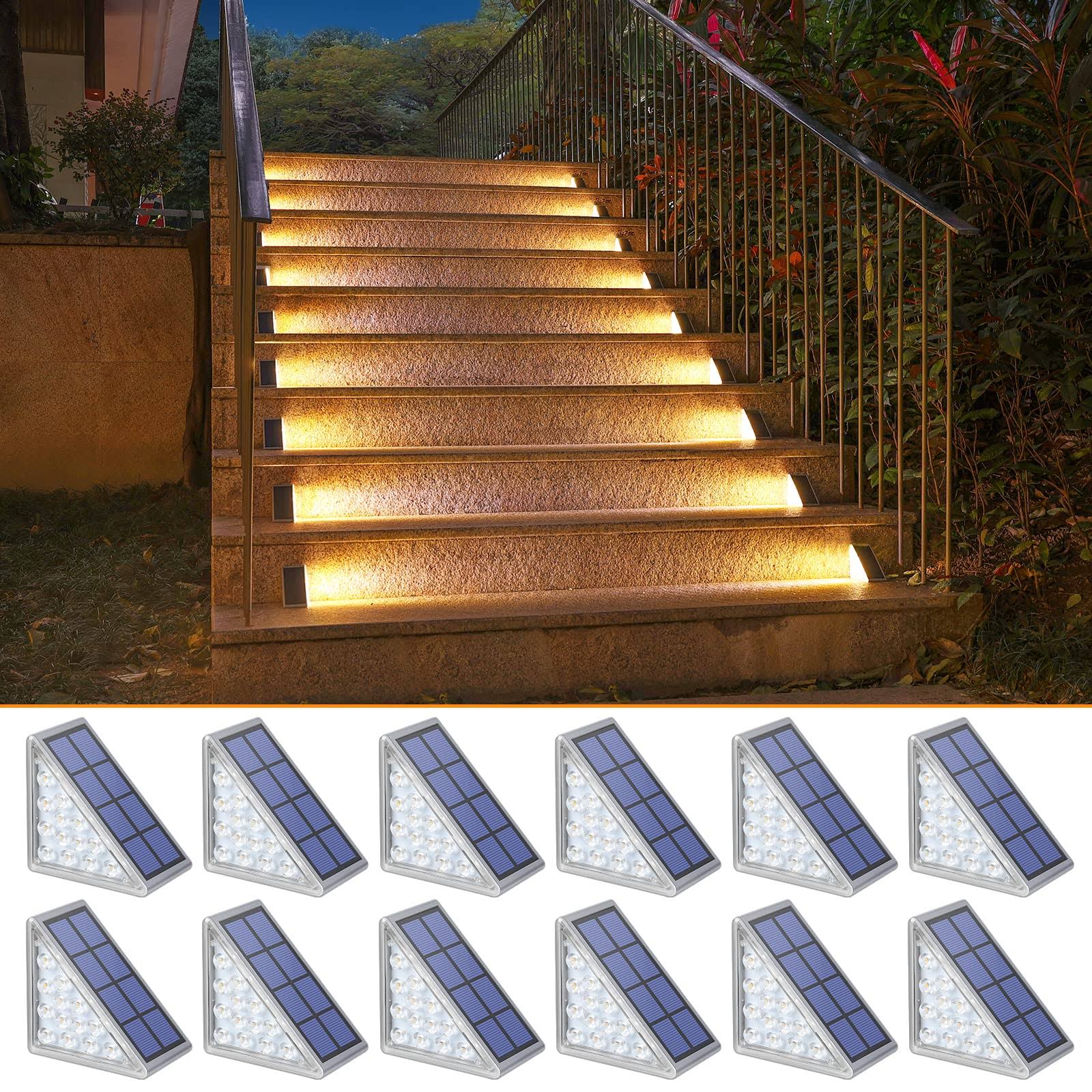 NIORSUN Solar Step Lights for Outside,12 Pack Warm White Solar Stair Lights Outdoor Waterproof IP67 Auto on Off,Solar Lights for Steps,Stair,Patio