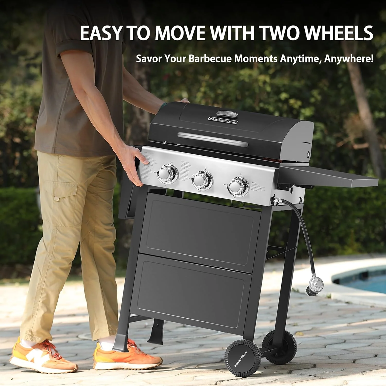 Barbecue à gaz propane à 3 brûleurs, en acier inoxydable, 30 000 BTU, pour terrasse ou jardin, avec deux étagères pliables.