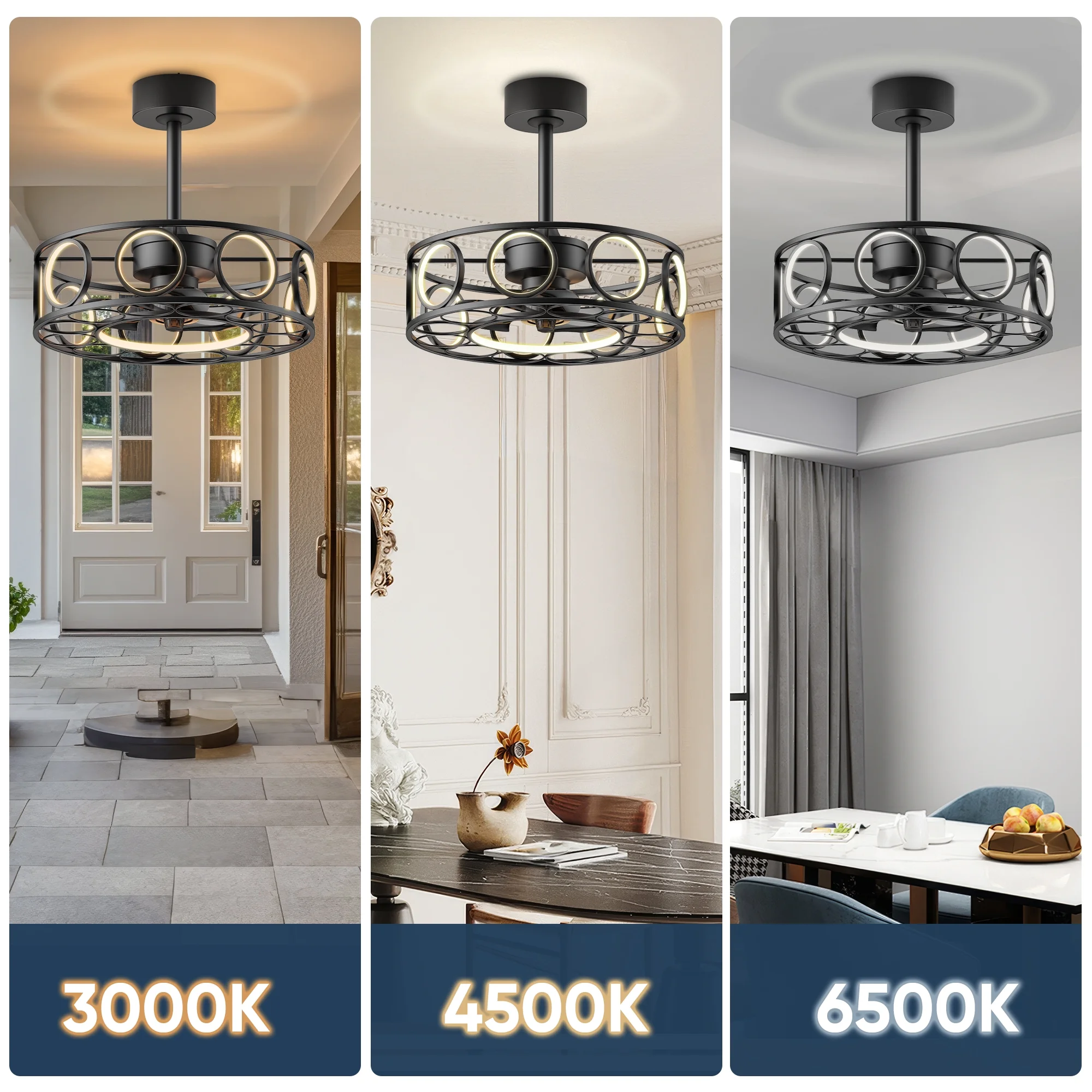 19.7" Caged Ceiling Fan with Light Remote Control, Black Modern 3 Color Temperature Pendant Light for Home & Kitchen