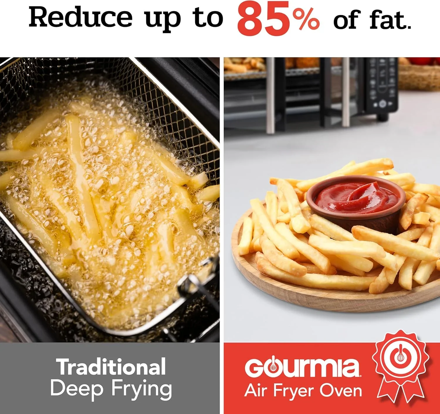 Four Gourmia avec friteuse à air chaud, 17 programmes de cuisson prédéfinis, capacité de 24 L et grille à convection.
