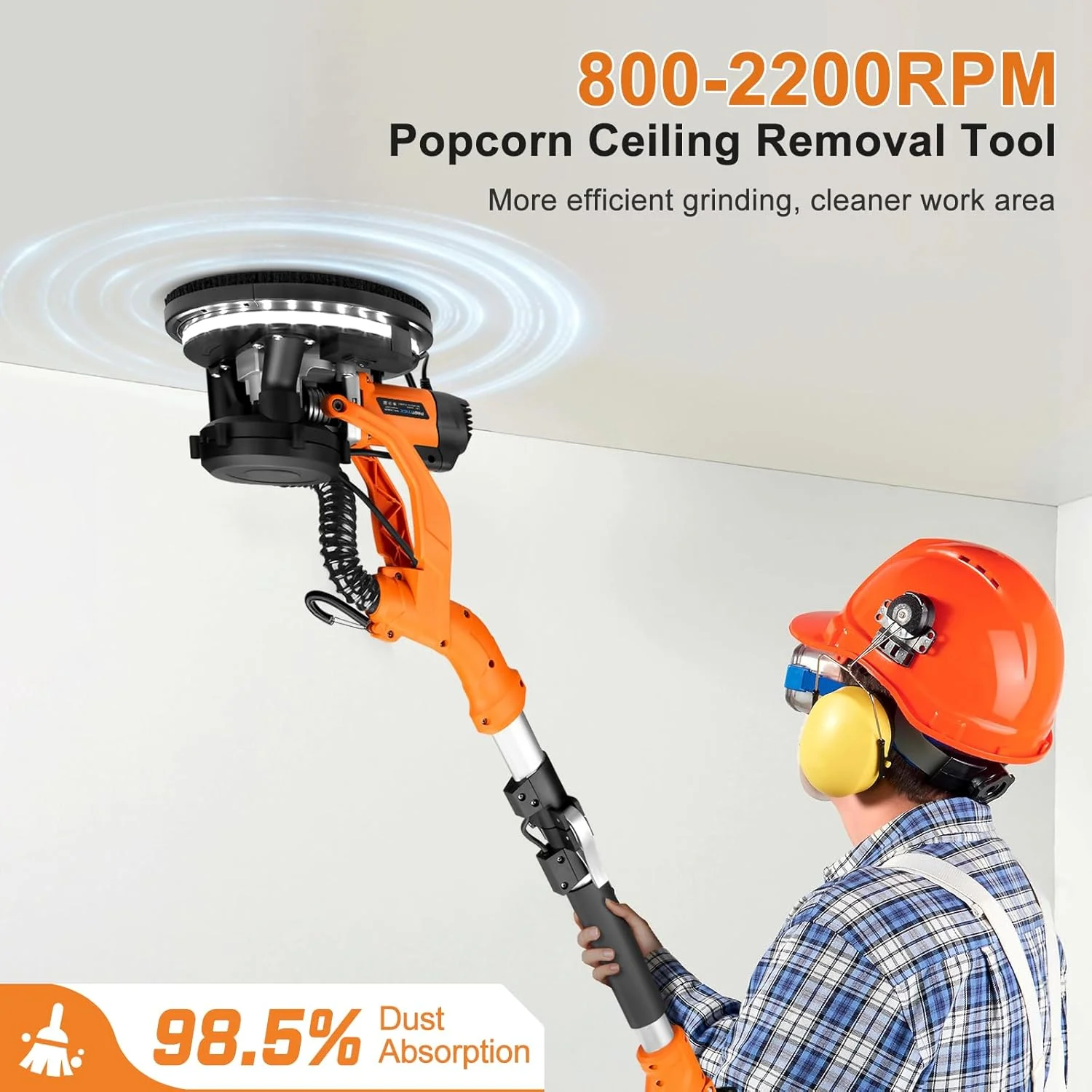 Drywall Sander, 1000W Popcorn Ceiling Removal Tool, Automatic Drywall Sander with Vacuum Dust Collection, LED Light, 6 Variable Speed 800-2200RPM,15Pcs Sanding Discs, Foldable Extendable Handle - Image 5
