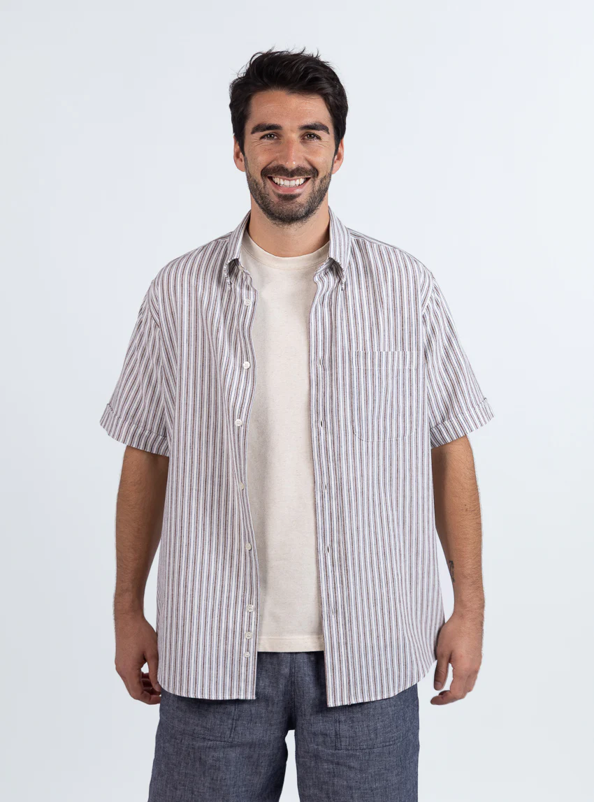 Chemise estivale homme coton rayé marron