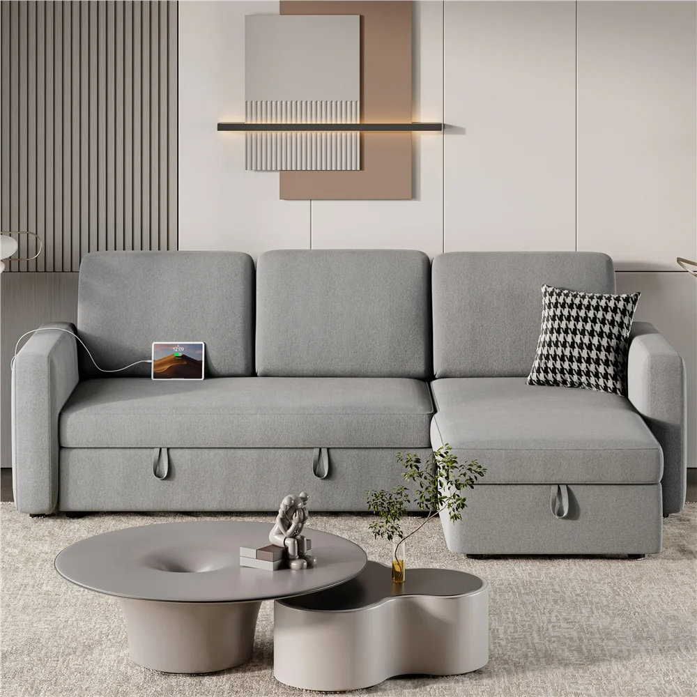 Reversible Sectional Sofa with USB Type-C Ports for Livingroom, Light Gray(Light Gray) - Image 9