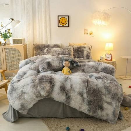 Wajade Plush Duvet Cover Set 3 Piece - Luxury Ultra Soft Fluffy Fuzzy Comforter Cover with 2 Pillow Shams Faux Fur Bedding Set,King Size,Grey White