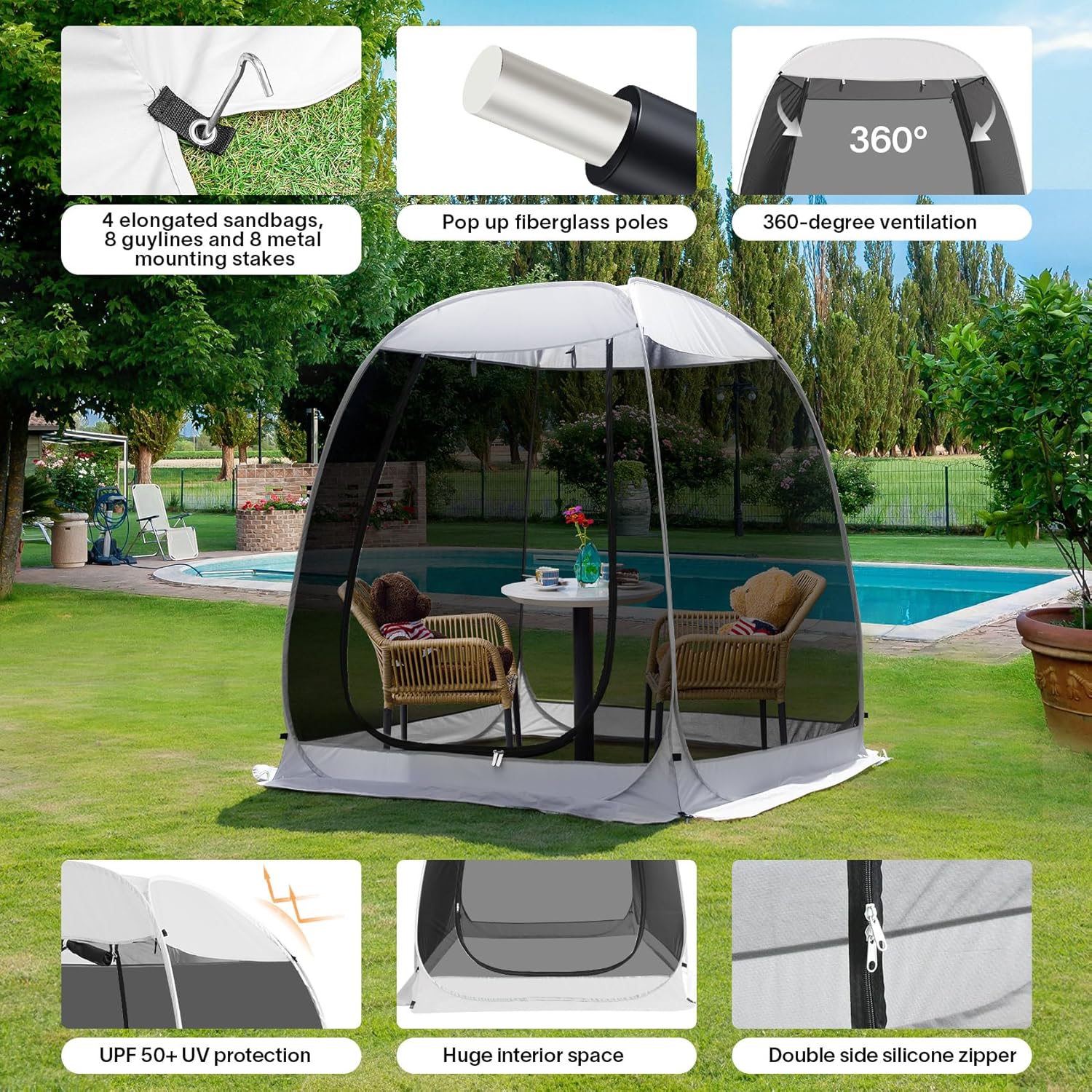 Gazebo moustiquaire pouvant accueillir 6, 10 ou 15 personnes. Tente de style igloo avec moustiquaire latérale. Idéal
