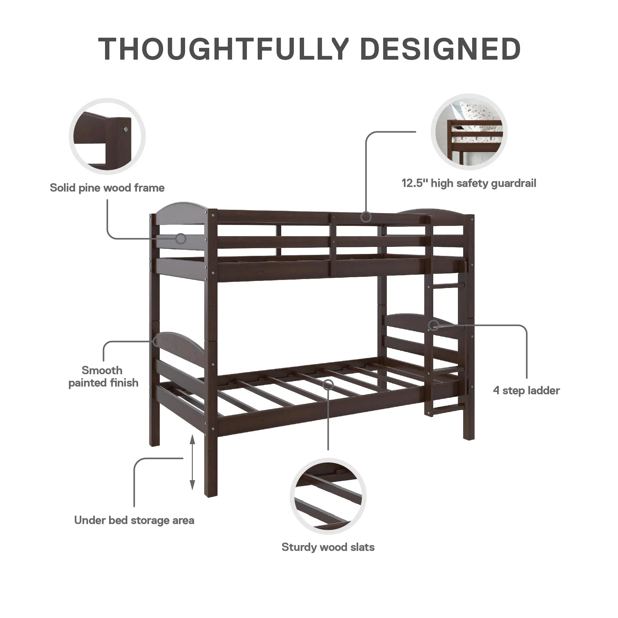 Better Homes & Gardens Leighton Solid Wood Twin-over-Twin Convertible Bunk Bed, Vanilla