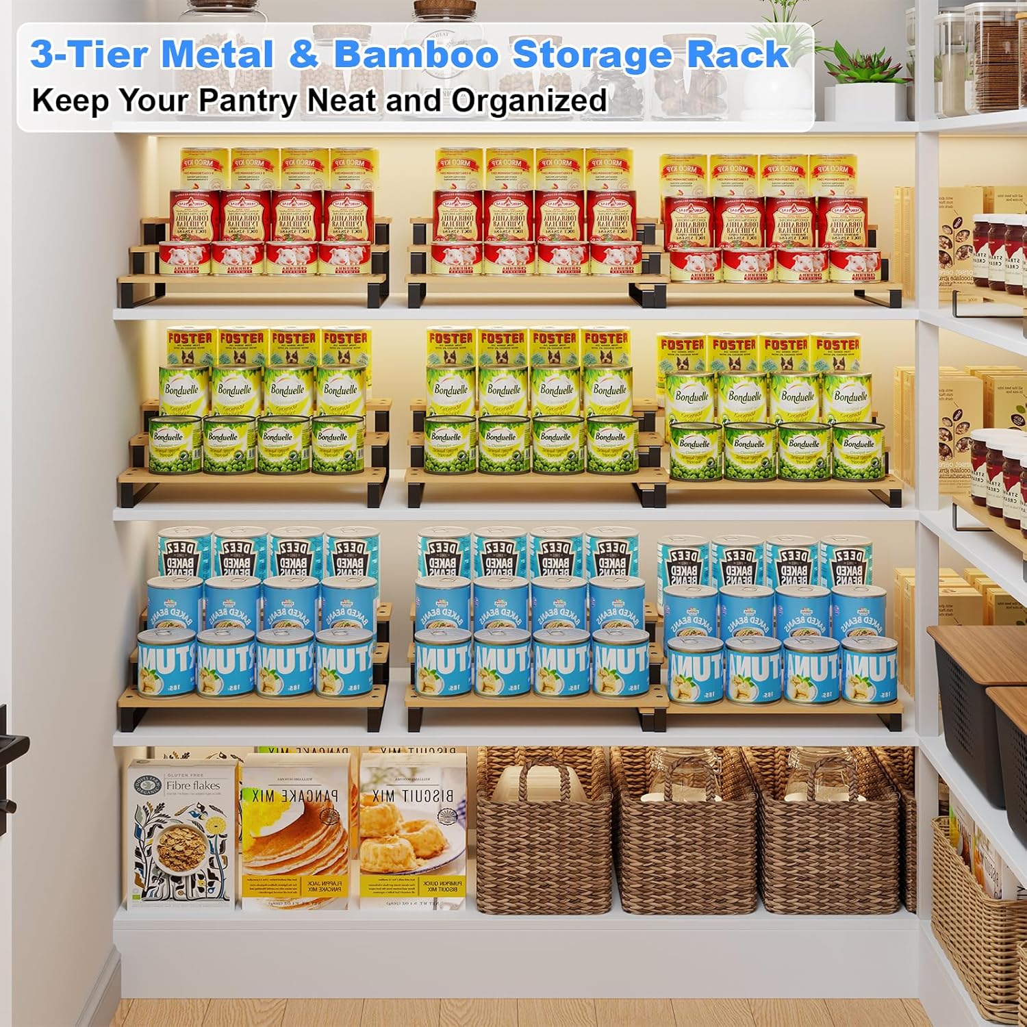 3-Tier Expandable Bamboo & Iron Can Organizer, Holds 30 Cans, Black