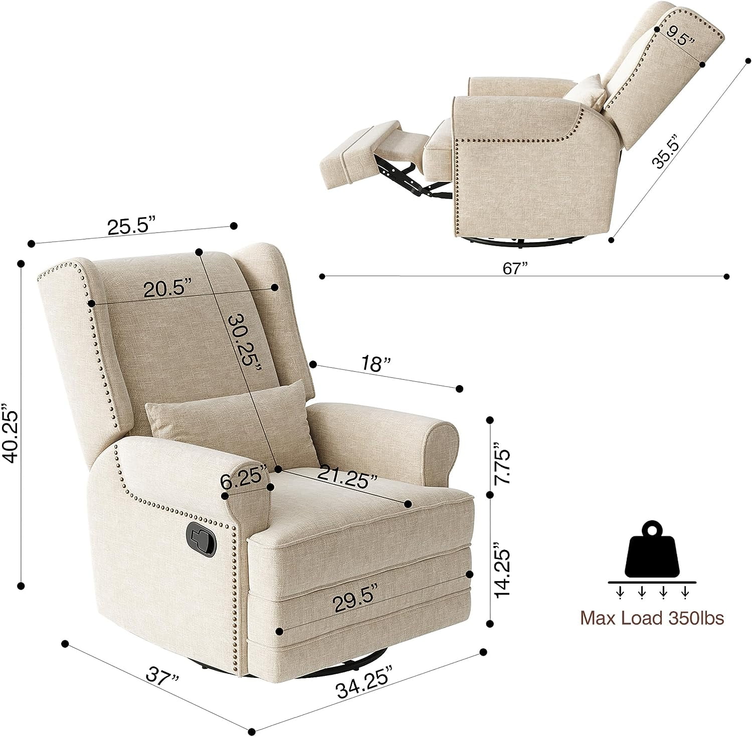Swivel Nursery Glider Recliner, Comfy Upholstered Glider Chair with Lumbar Pillow and Footrest, Beige(Beige) - Image 10