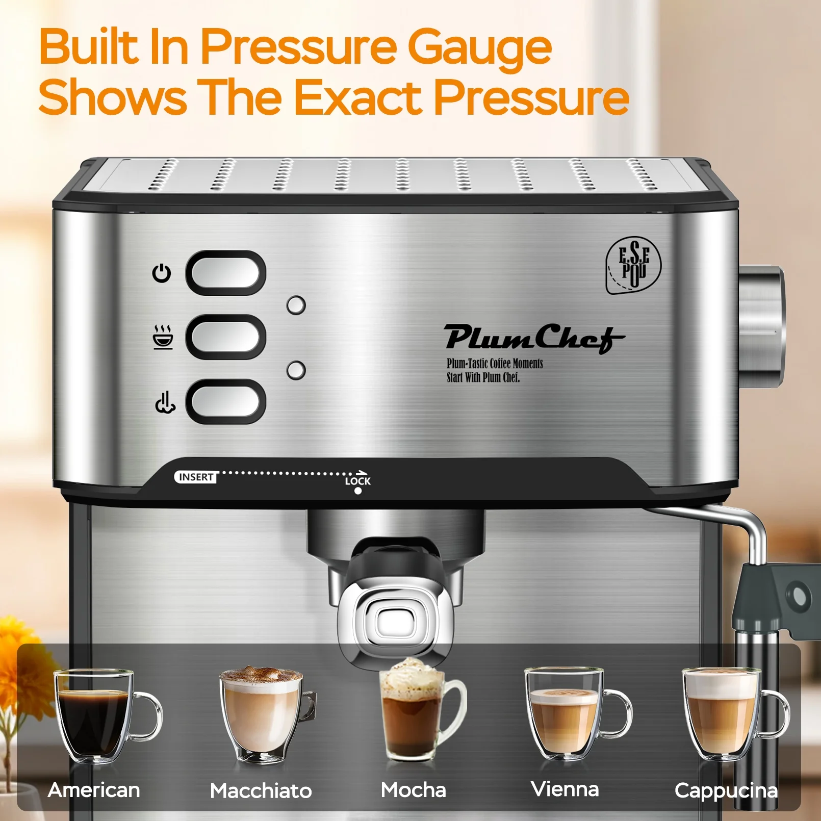Plum Chef Espresso Machine, 20 Bar Coffee Maker with Foaming Milk Frother Wand, Espresso & Cappuccino Latte Maker Coffee Machine, 850W, 1.6 L Removable Water Tank, Black&Silver