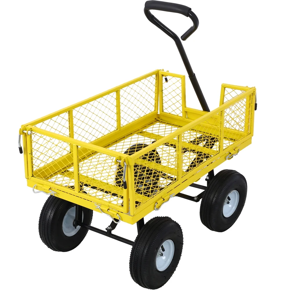 Steel Garden Cart, Heavy-Duty Steel Mesh Utility Garden Wagon with Removable Sides and 9.5" Pneumatic Tires for Outdoor Lawns Yards Farms and Ranches, 550 lb Capacity, Yellow(Yellow) - Image 6