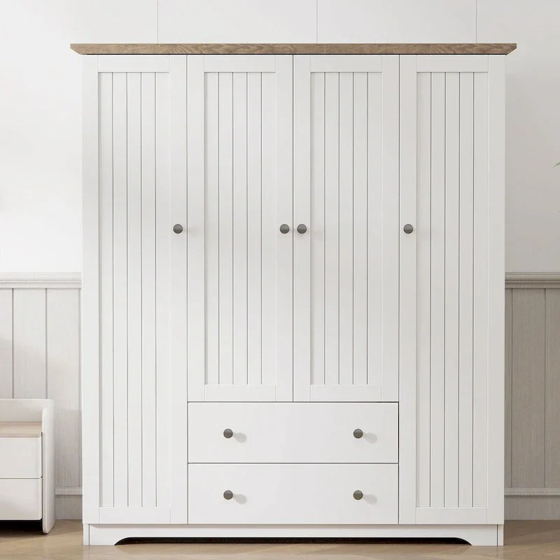 Freestanding 4-Door Wardrobe Armoire with 2 Drawers and Hanging Rods for Clothes Storage