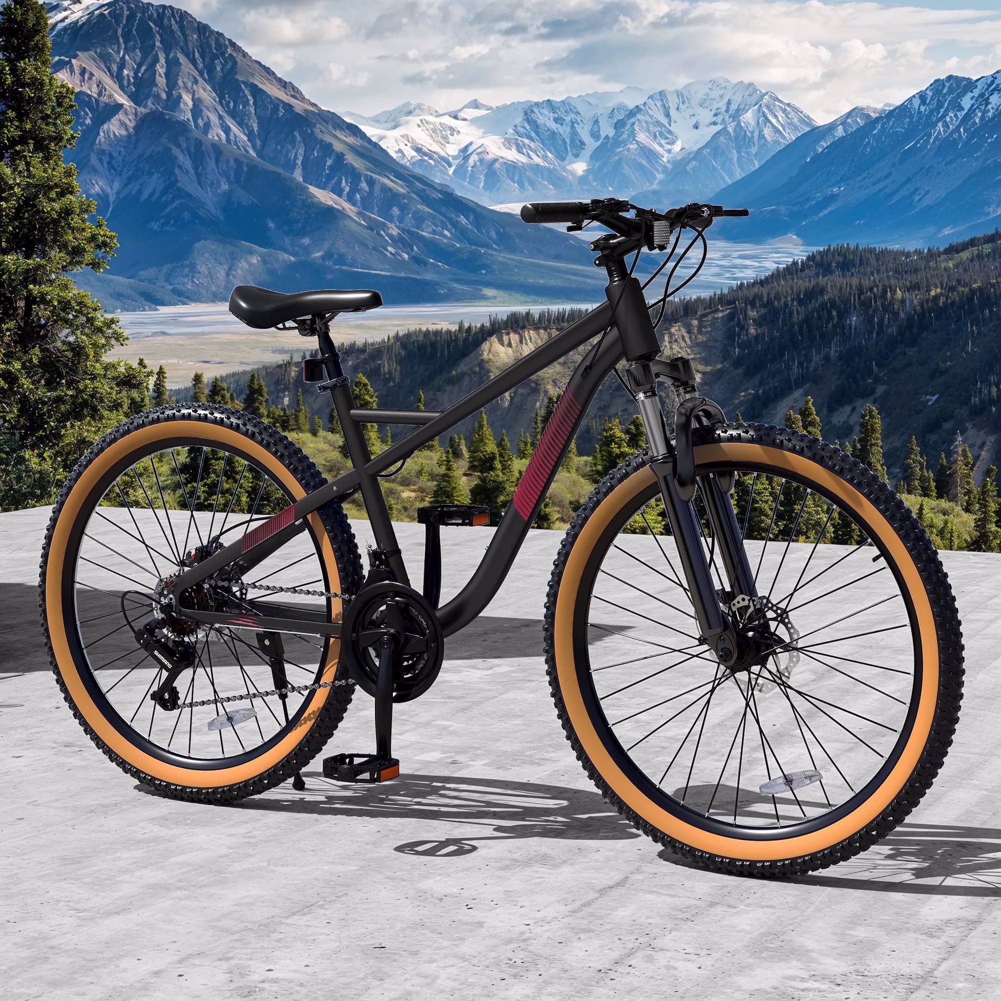 ModFusion 26-Inch Aluminum Alloy Mountain Bike, 21-Speed, Disc Brakes, Black with Brown Tires, 85% Assembled