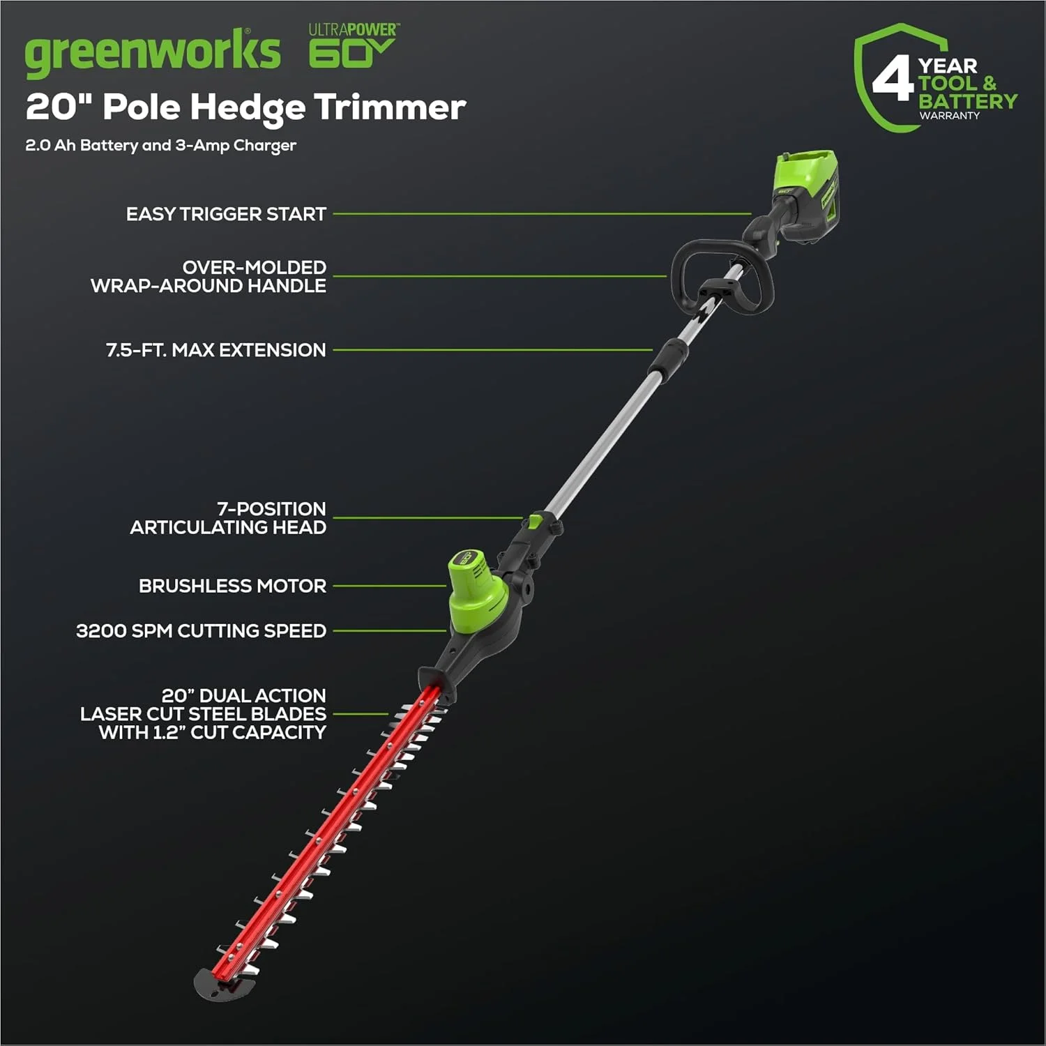 60V 20" Brushless Cordless Battery Powered Pole Hedge Trimmer, 2 0Ah Battery and Charger Included Image 2