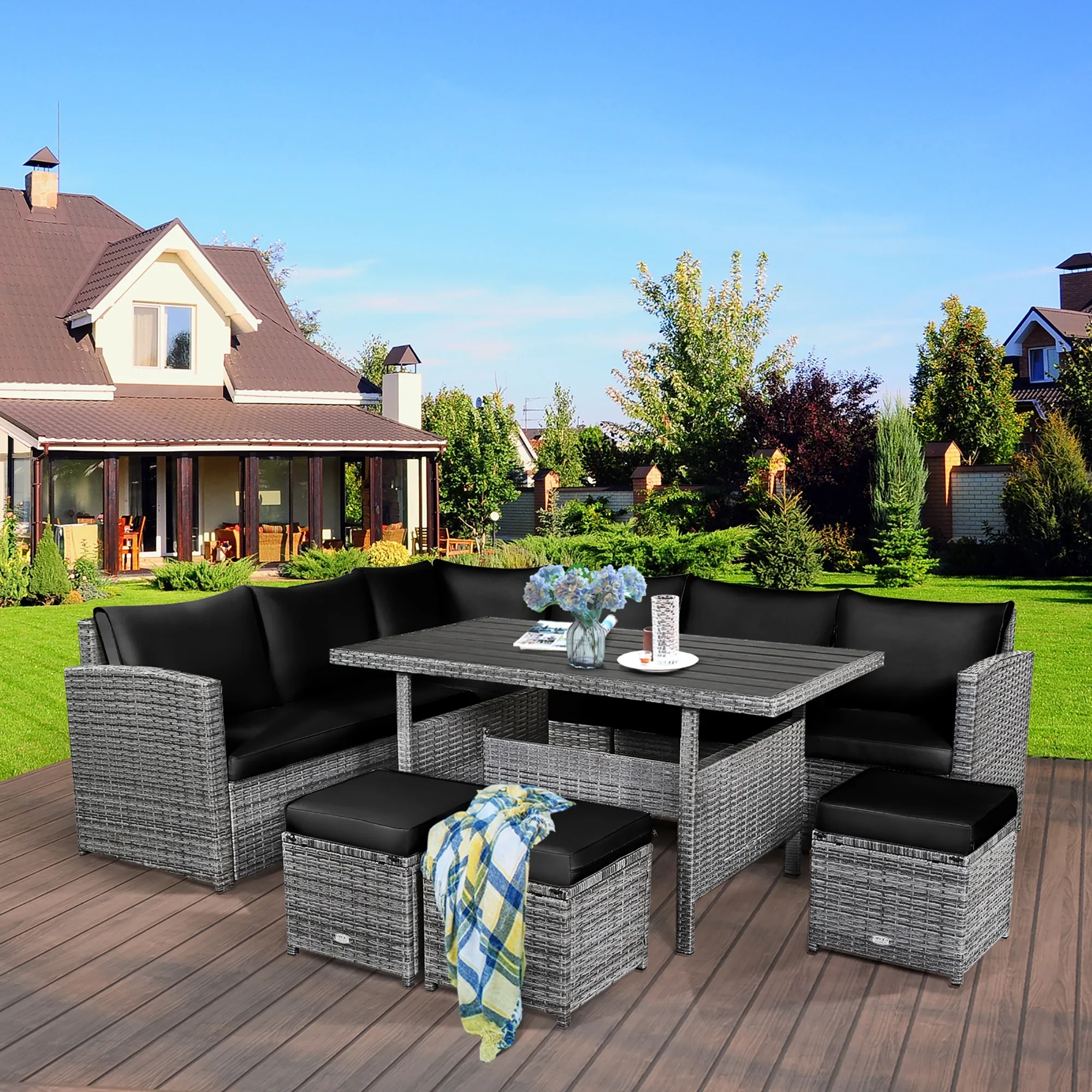 Costway 7 PCS Patio Rattan Dining Set Sectional Sofa Couch Ottoman Garden Red