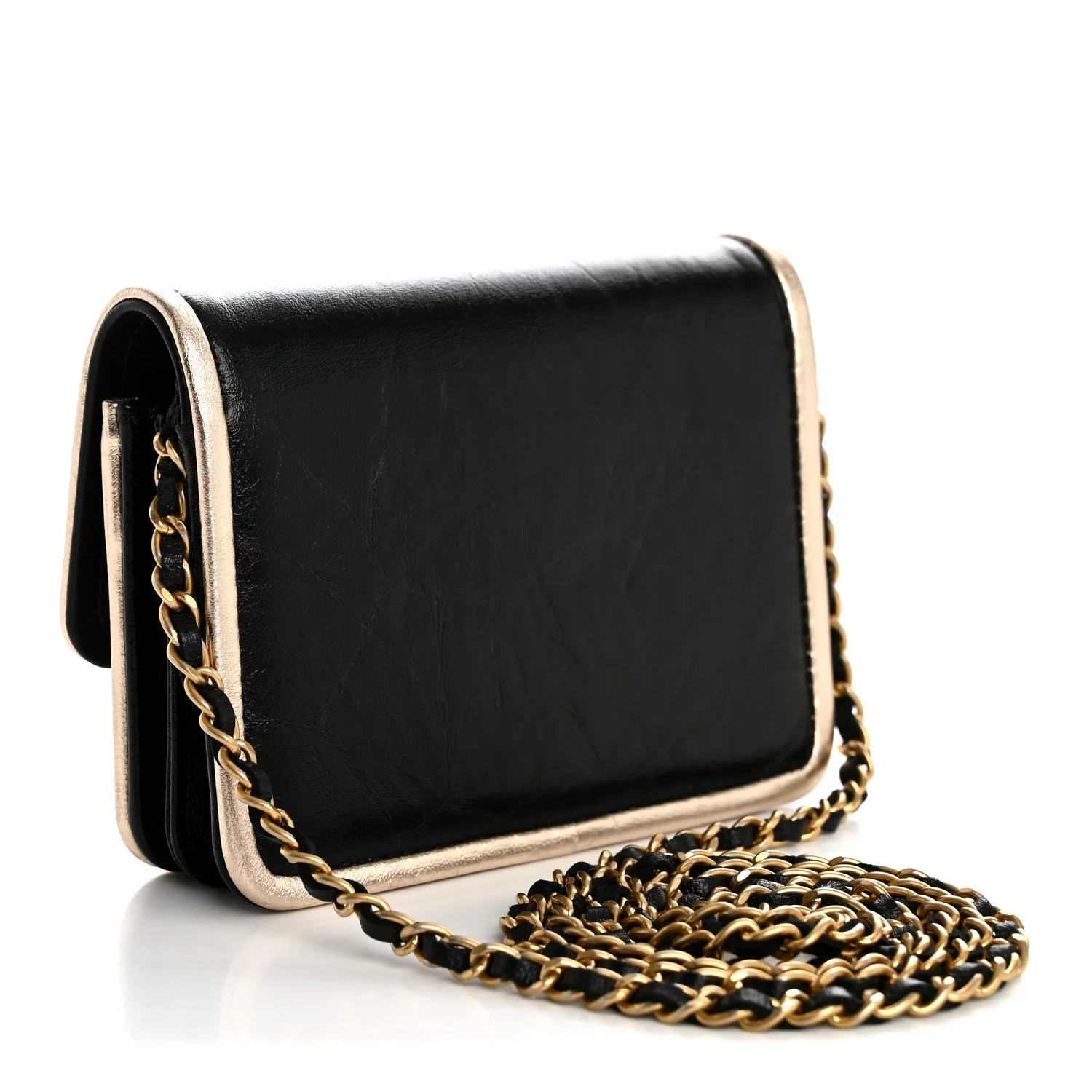 Metallic Calfskin Clutch With Chain Black Gold