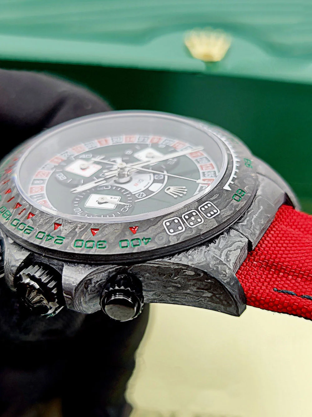 [Super Clone]Rolex Daytona DIW Carbon Lucky Player Casino Super Clone Swiss Replica Watch | Custom Made Limited Edition | 4130 Swiss Movement