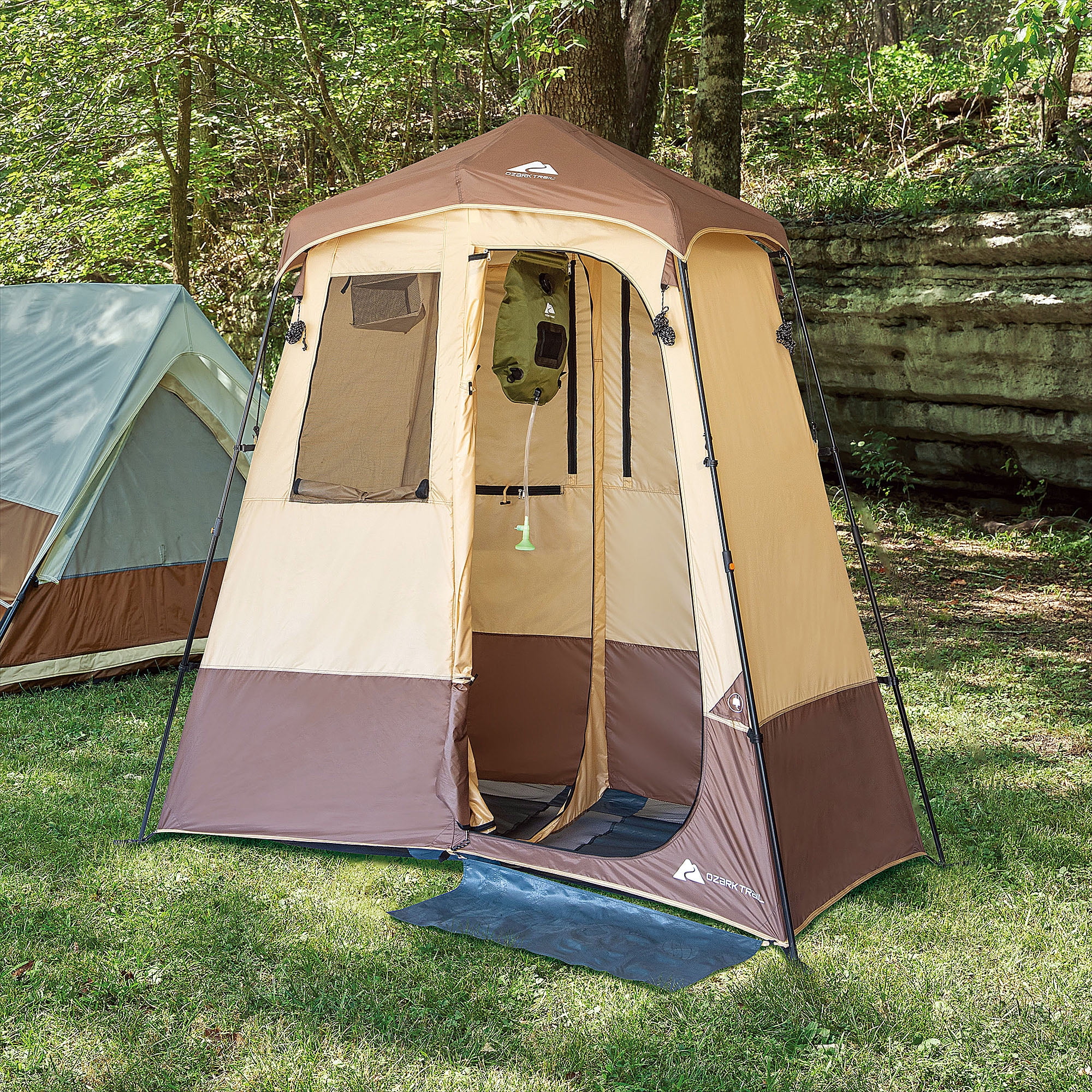 Ozark Trail 2 - Room Shower & Utility Tent Combo Includes 5 - Gallon Water Container, Easy Setup, Maximum Occupancy Is 2. Khaki Colour