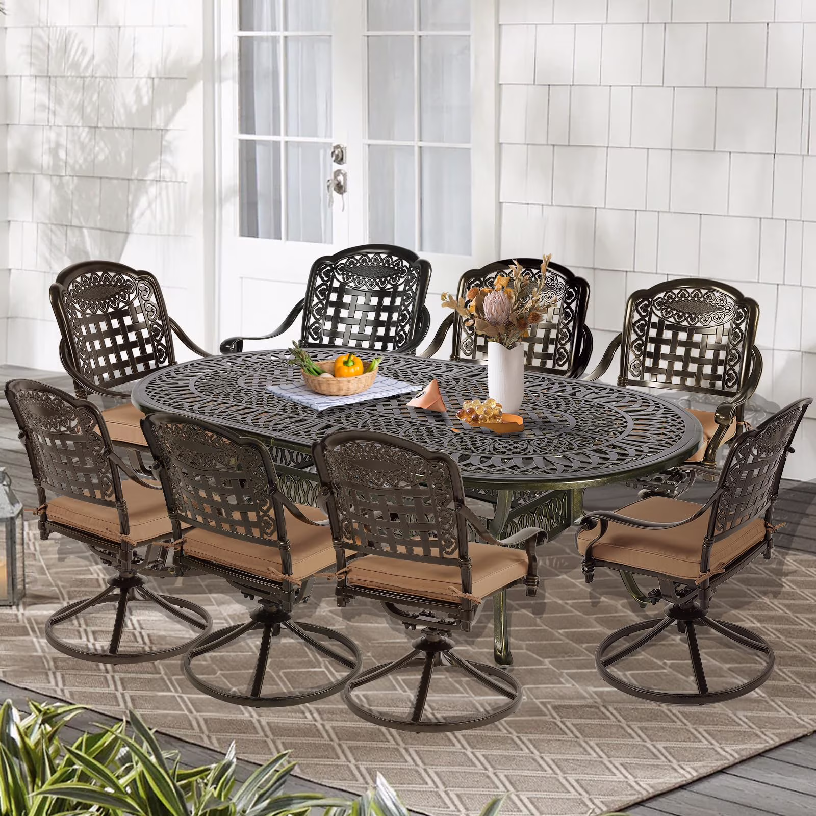 9-Piece Patio Cast Aluminum Dining Set, 8 Person Outdoor Dining Furniture Set, includes 84 Oval Table and 8 Swivel Dining Chairs with Umbrella Hole for Patio Deck Garden, Tan