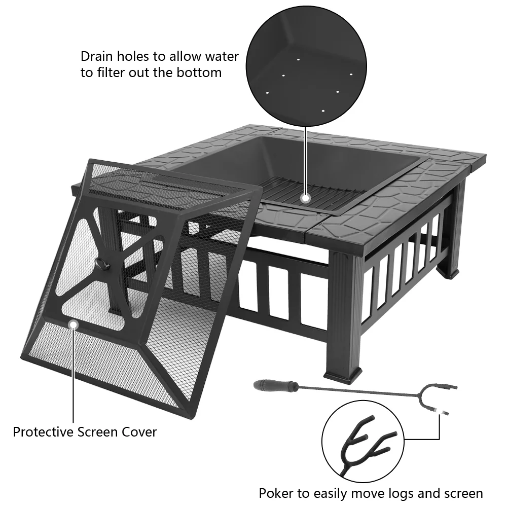 32" Outdoor Metal Firepit Backyard Patio Garden Square Stove Fire Pit(32" Black) - Image 3