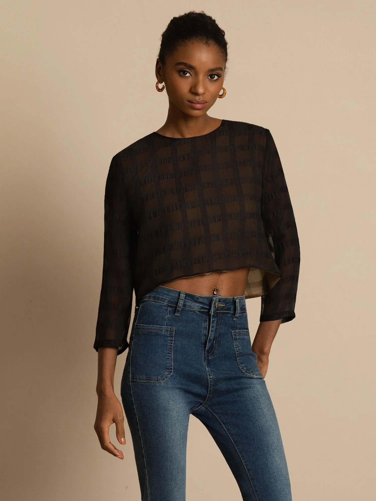 Pure Silk Women's Long Sleeve Textured Grid Crop Blouse with Back Ties