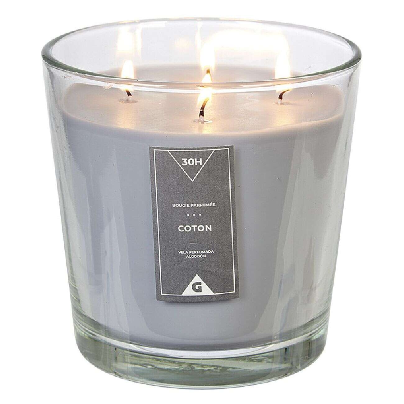 Bougie 4 mèches senteur coton gris dans verre transparent