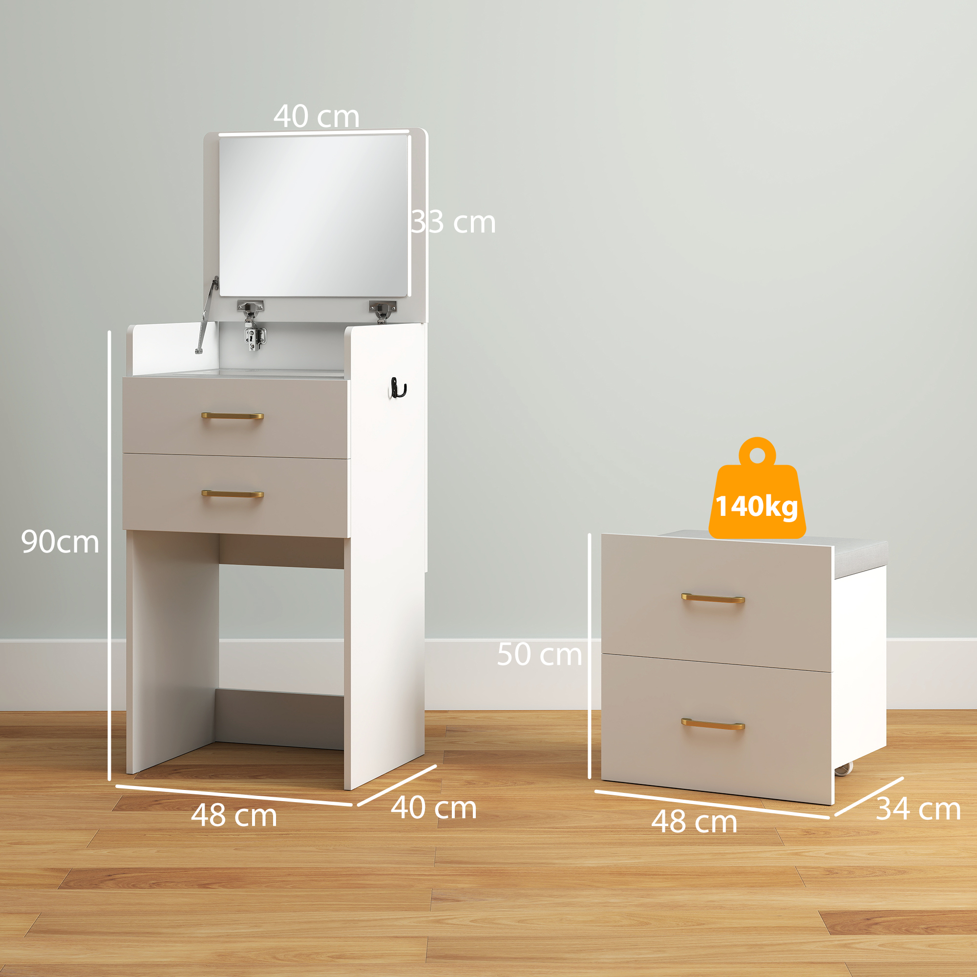 HOMCOM 3-in-1 Make-uptafel met Spiegel, Nachtkastje, Rollende Kruk, Lades, Wit