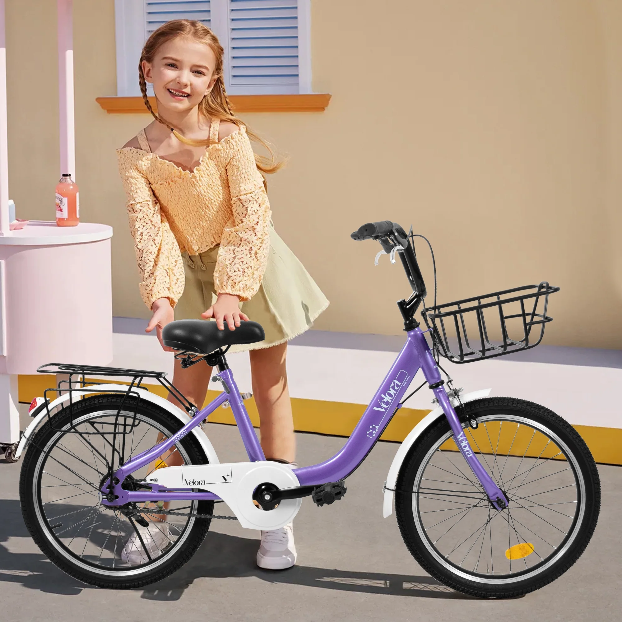 20 Inch Kids Bike for Boys Girls, 1 Speed Children Bicycle with Basket, Rear Seat, Chain Guard, Coaster Brake and V-Brake, Steel Frame Kids Bike for Ages 6-12 Years Old Birthday Gift, Purple(Purple) - Image 2
