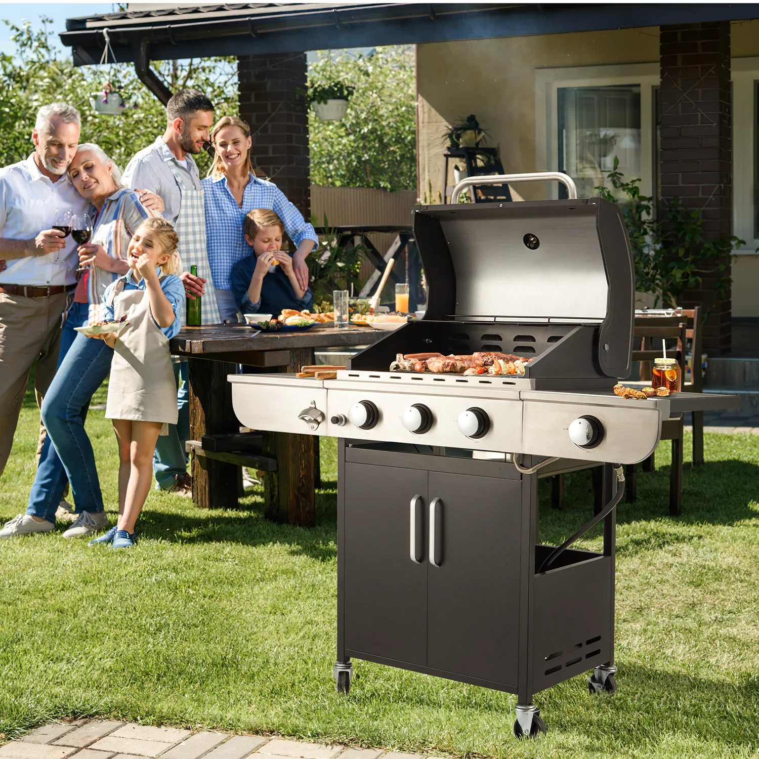 3 Burner BBQ Propane Gas Grill��24,000/36,000 BTU Stainless Steel with Stove and Side Table