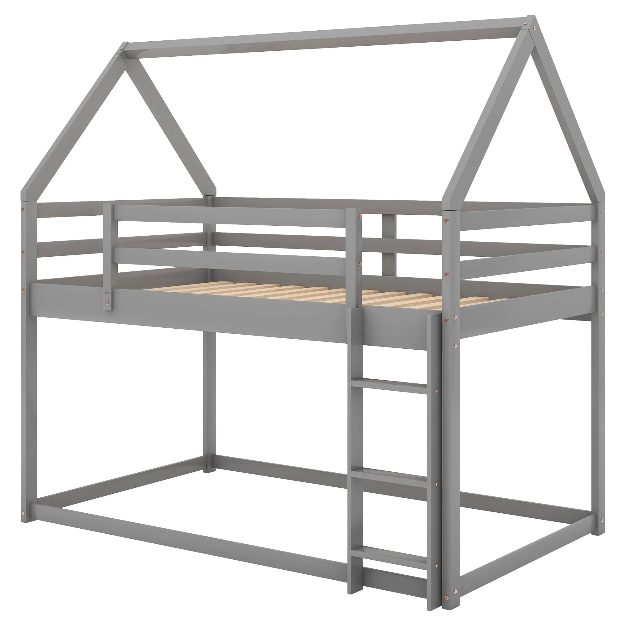 Euroco Twin over Twin House Bed, Low Bunk Bed for Kid's Room, Gray