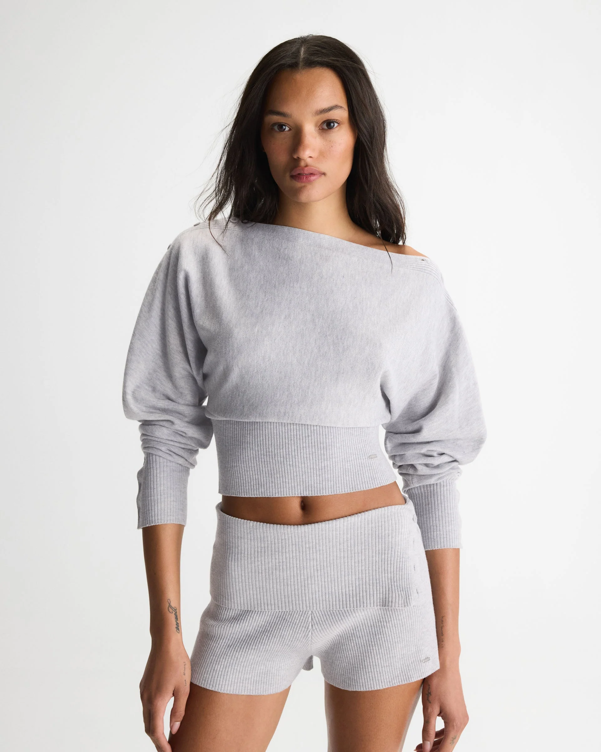 Knit Boat Neck Top - Light Grey Melange