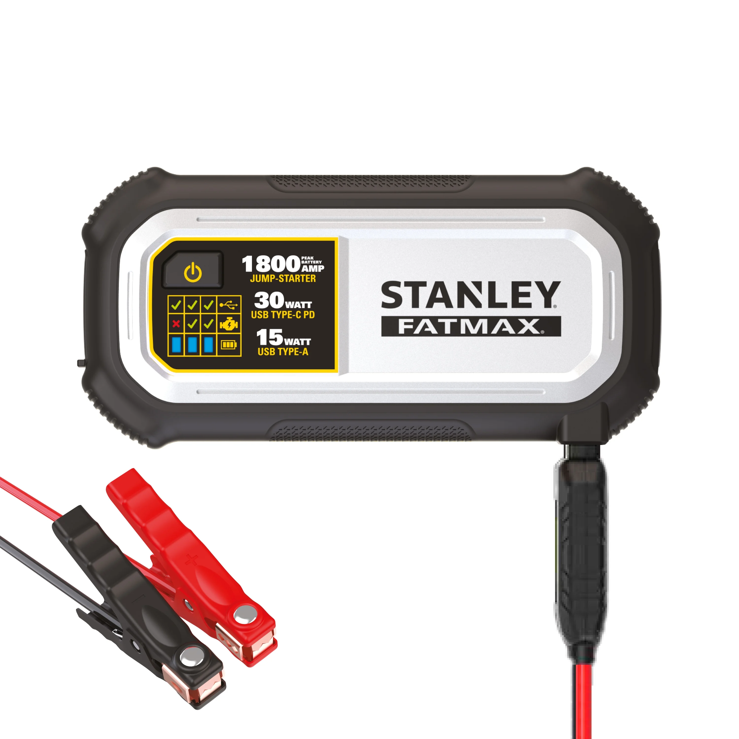 Stanley Fatmax 1800A Lithium Jump Starter with 30W USB - C - PD in/Out and 15W USB - A Out, Includes Clamps