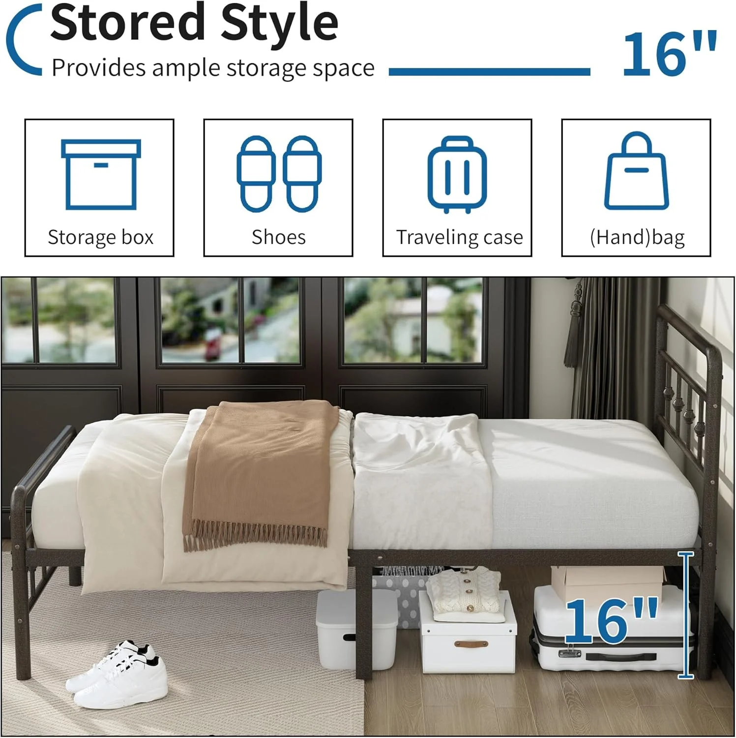 16 Inch Twin XL Bed Frame with Headboard and Footboard, Classic Metal Platform No Box Spring Needed Heavy Duty Victorian Style Iron-Art Mattress Foundation, Under Bed Storage, Brown - Image 3