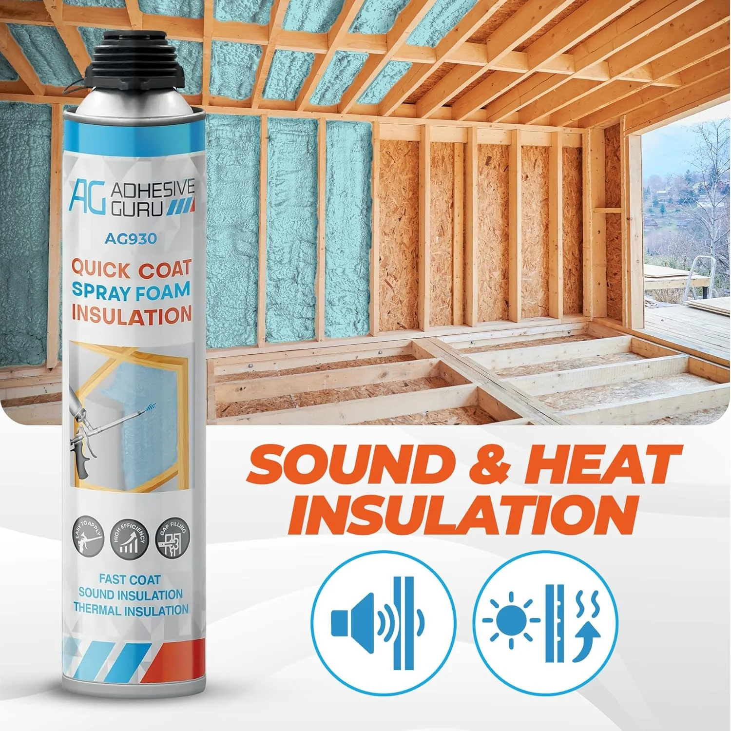 Adhesive Guru Spray Foam Insulation Kit (18 x 32.80 oz/930 Gr - 360 Board Feet), Self - Expanding Adhesive Foam, Closed Cell Heat Insulation & Acustic Spray with Cleaner and Dispensing Gun - 18 Pack
