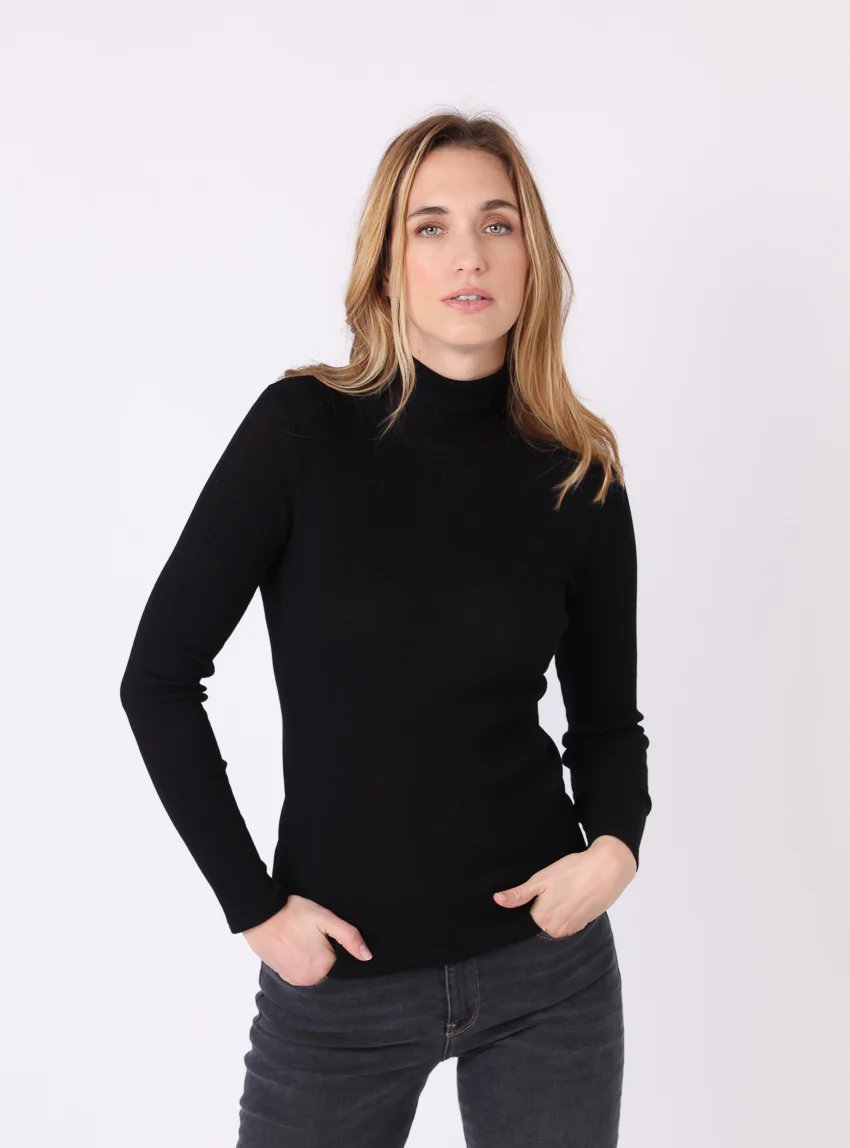 Pull chaussette col roulé laine et soie noir