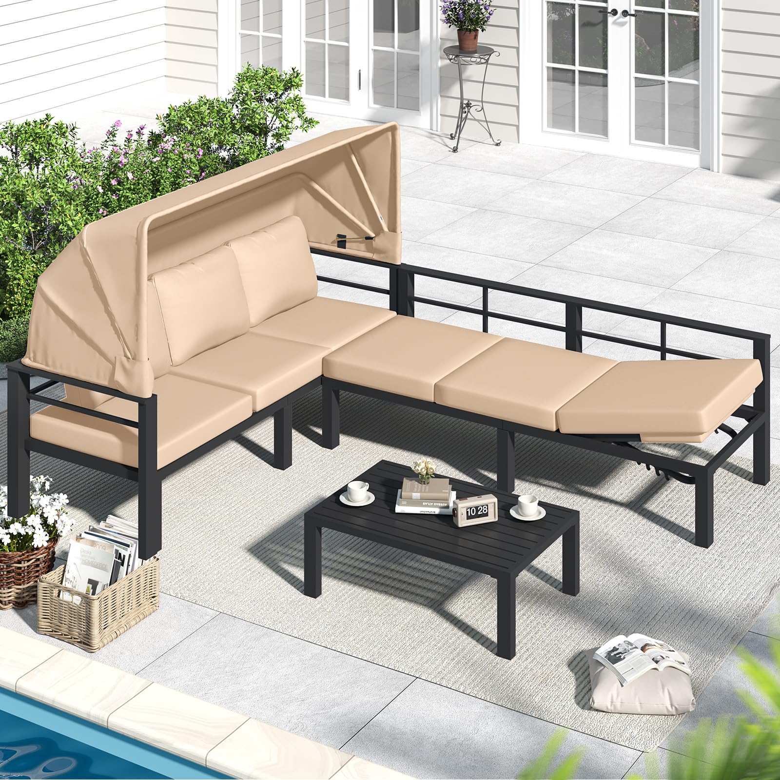 AECOJOY Patio Furniture Set with Retractable Canopy&2 Adjustable Backrests, Outdoor Conversation Set, Beige