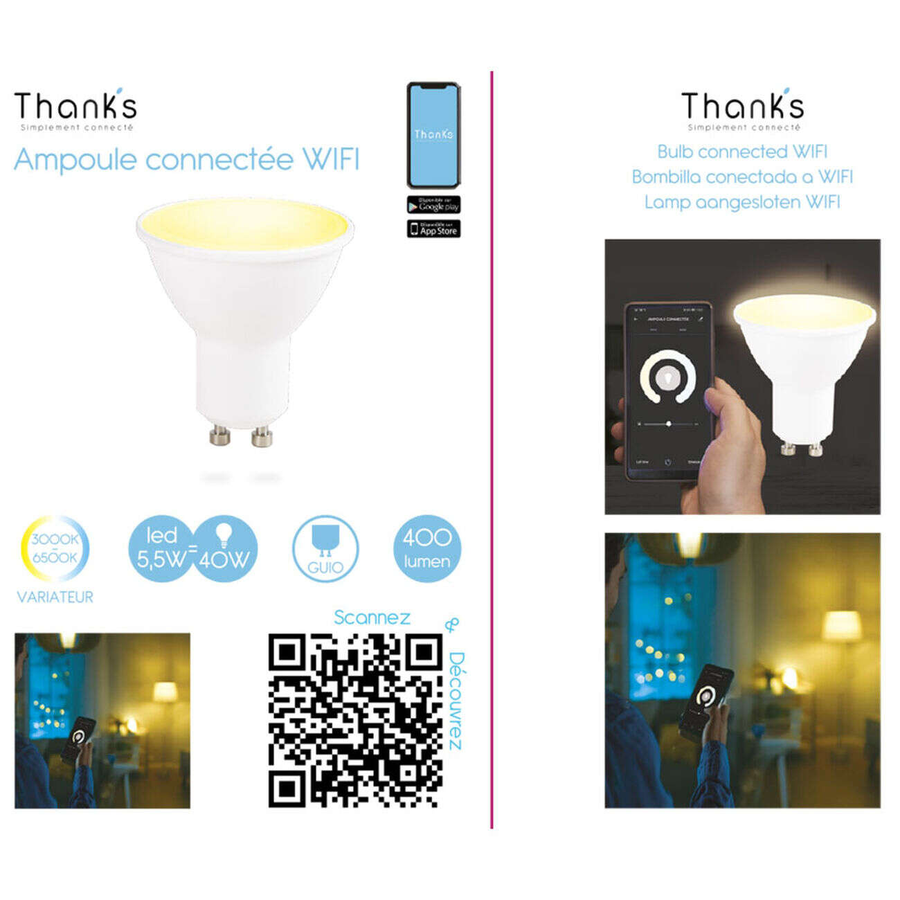 Ampoule LED connectée blanc ajustable GU10 40 W