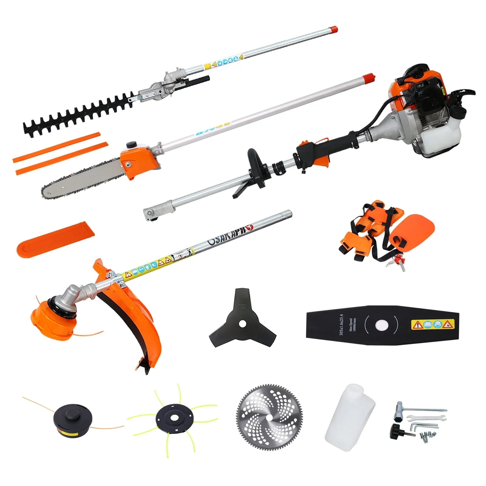 RONSHIN Multi-Functional Trimming Tool with String Trimmer Brush Cutter Pole Saw Full Crank Shaft Design 56CC 2-Cycle Garden Tool