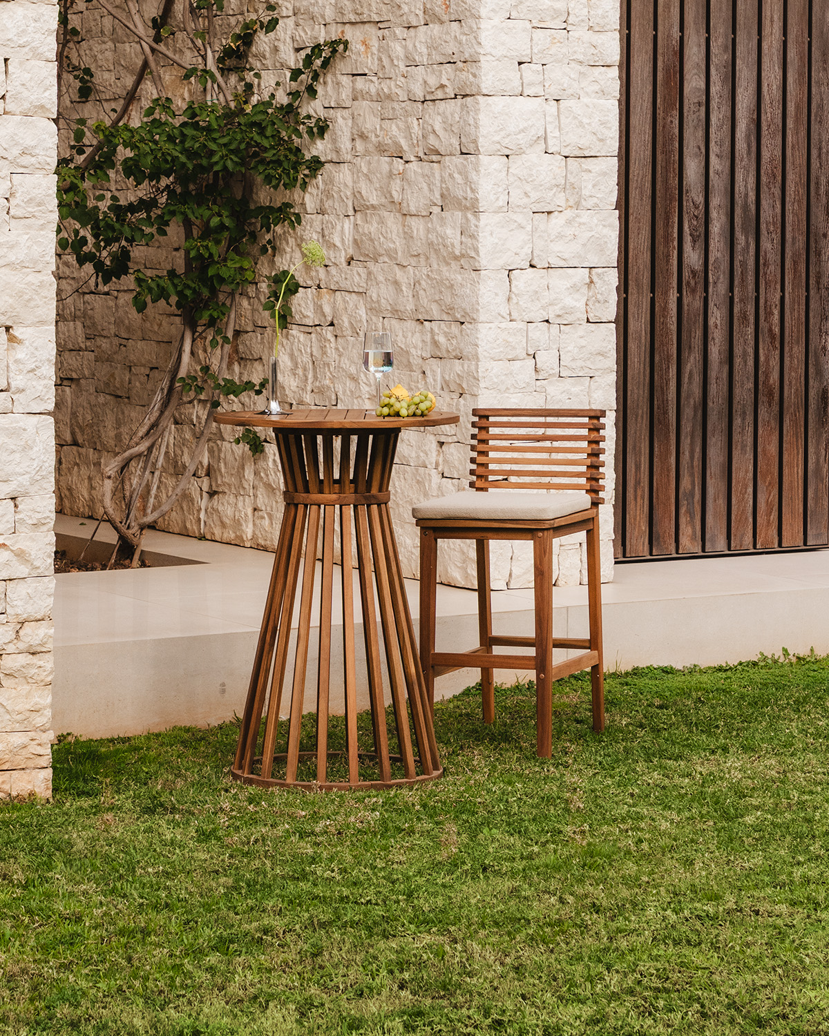 Hazan - Taburete Alto de Exterior de Madera de Acacia y Tela (75 cm) Hazan